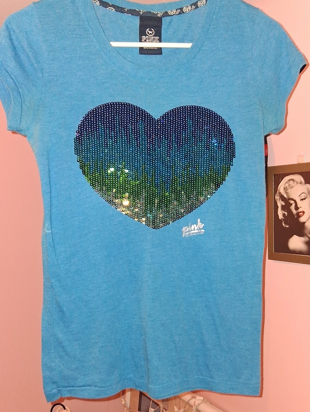 PINK Victoria's Secret Blue Tee with Ombre Sequin Heart